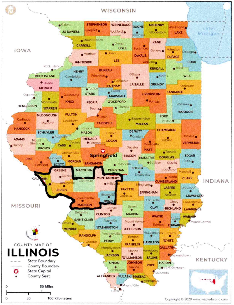 Illinois county map showing the GGRC chapter coverage area outlined in black.